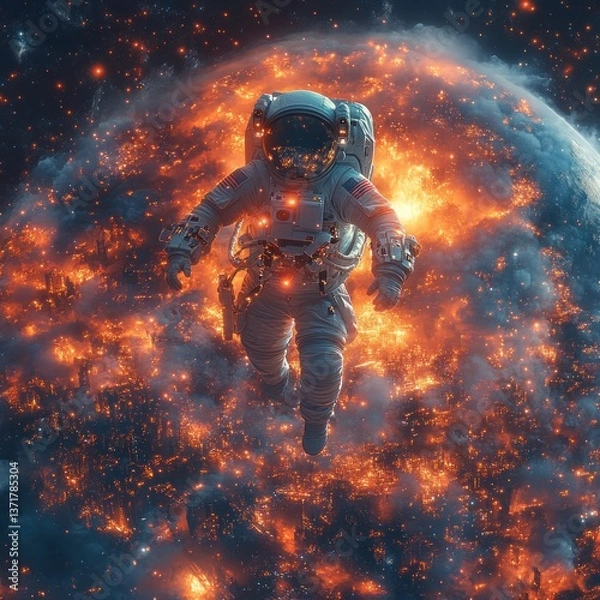 Fototapeta Futuristic Astronaut in Surreal City Sphere in Cosmic Nebula Space