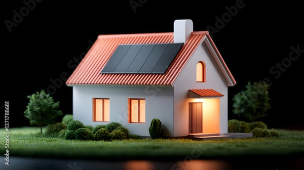 Fototapeta Illuminated Energy Efficient House Model with Rooftop Solar Panel at Night