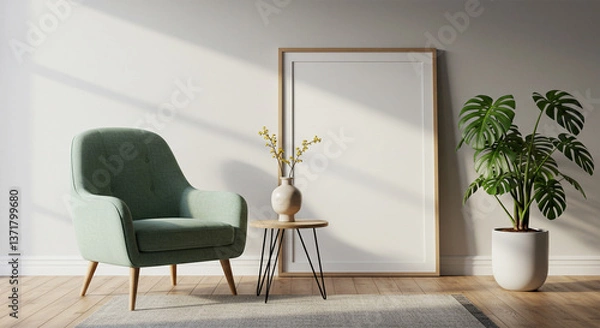 Fototapeta Stylish home decor scene with a muted green accent chair, a framed blank canvas for artwork, a side table with a ceramic vase, and a potted monstera plant. Soft shadows and warm light