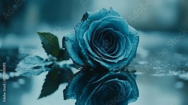 Obraz A single blue rose rests on a reflective surface