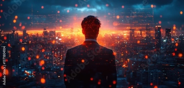 Fototapeta Double Exposure of Businesswoman with Smartphone and Telecommunication Tower in Smart City Landscape