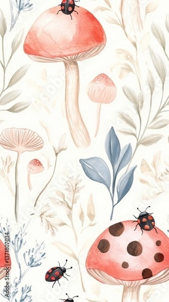 Fototapeta Watercolor patterns Seamless mushrooms and ladybugs. Watercolor Seamless Pattern with Red Mushrooms Ladybugs and Greenery