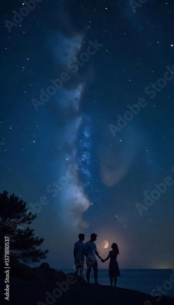 Fototapeta Generative AI Celestial Romance: Silhouetted Figures Under a Starry Night Sky