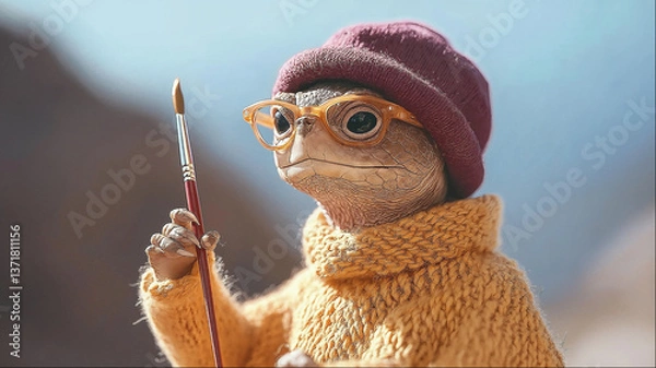 Obraz Cute anthropomorphic turtle or tortoise character wearing glasses and yellow hat holding paintbrush in whimsical artist concept