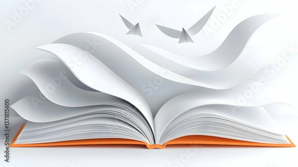 Fototapeta Open Book with White Paper Birds Flying from Pages on White Background