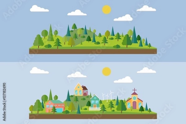 Fototapeta Set of two illustration. Wild forest in flat style. Eco village in flat style. Summer forest in flat style. Vector illustration.