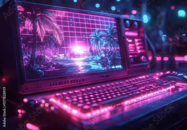 Fototapeta Retro Computer Technology with Synthwave Art Style and Neon Gridlines