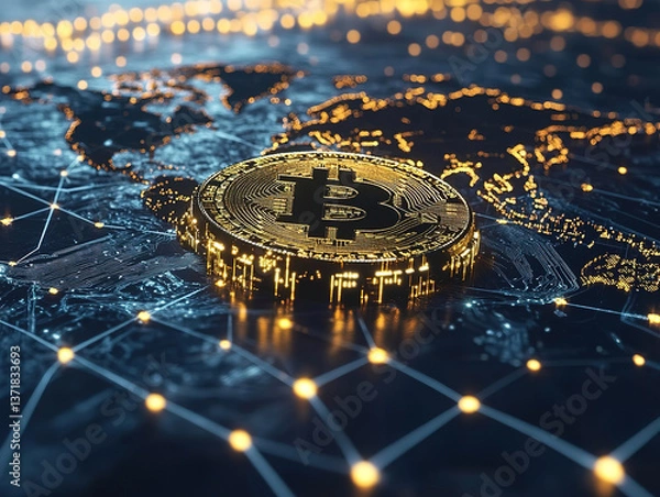 Fototapeta Bitcoin on World Map with Network Connections