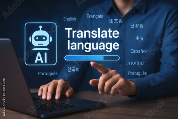 Obraz Künstliche Intelligenz übersetzt Sprachen per Touchscreen auf Laptop

