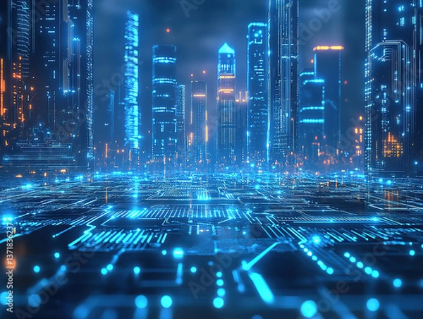 Obraz Futuristic Cityscape with Digital Circuit Board