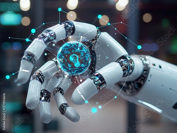 Obraz Futuristic Robotic Hand Holding a Digital Globe