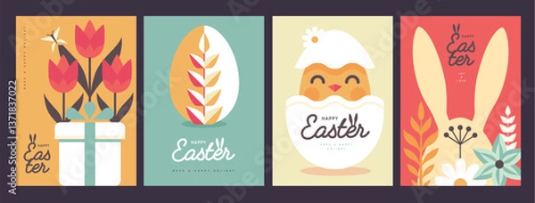 Fototapeta Set of holiday flat Easter posters with rabbit ears, Easter eggs, chicken, willow branch and flowers. Vector illustration
