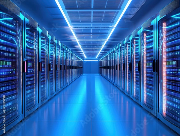 Fototapeta Futuristic Data Center with Blue LED Lighting