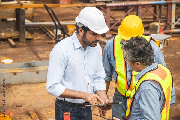 Obraz Construction engineer team working together join teamwork talking together at construction site