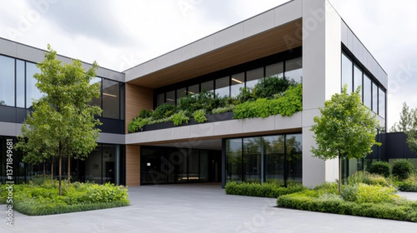 Fototapeta Modern corporate office building with green atrium and lush landscaping, showcasing