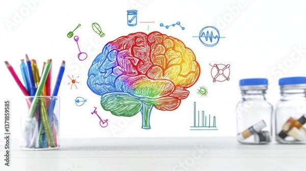Fototapeta Colorful doodle brain with science symbols, pencils, and jars, representing creativity and knowledge