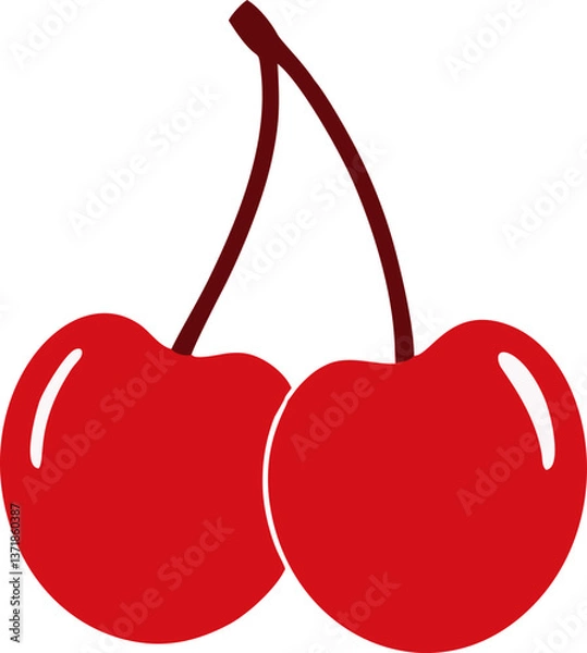 Fototapeta Bright Red Cherry Icon Design, This vibrant design showcases a pair of red cherries, perfectly balanced on their stems. The cherries are stylized with a glossy finish, creating a shiny, fresh look.