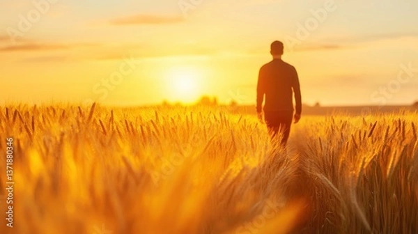 Fototapeta Man walks golden wheat field