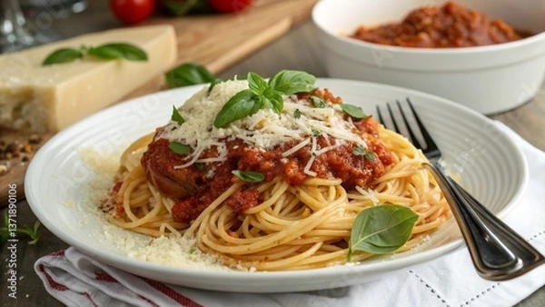 Fototapeta Tasty appetizing classic Italian spaghetti pasta with tomato sauce, cheese parmesan and basil on plate, taking with fork
