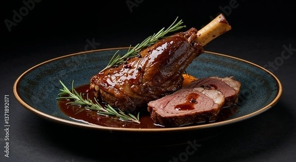 Obraz Roasted lamb shank with garnish on dark plate for fine dining restaurants, culinary websites, food blogs, and upscale menu photography