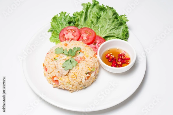 Fototapeta Pork fried rice with white background table