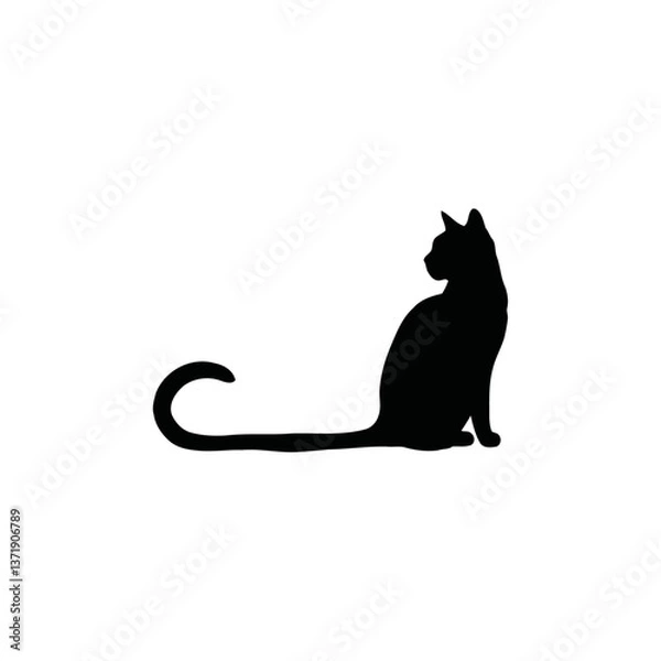 Obraz A black and white vector silhouette of a cat sitting elegantly with a long, curved tail on a white background