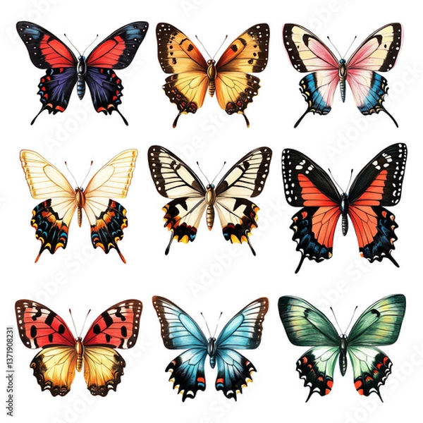 Fototapeta advertising graphic nature-inspired art delicate insect A vibrant collection of various butterfly species showcasing colorful wings.