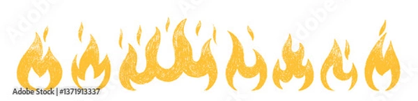 Obraz Set of fires or flames with crayon, pastel or chalk texture. Doodle yellow vector illustration for grunge design.
