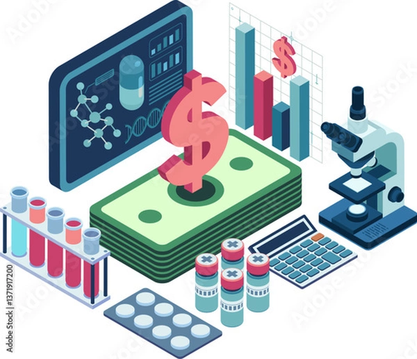 Fototapeta Isometric Cost of Drug Development with Lab Equipment