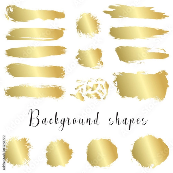 Obraz Gold ink borders, brush strokes, stains, banners, blots, splatters. Vector set of golden hand drawn grunge elements isolated on white background. 