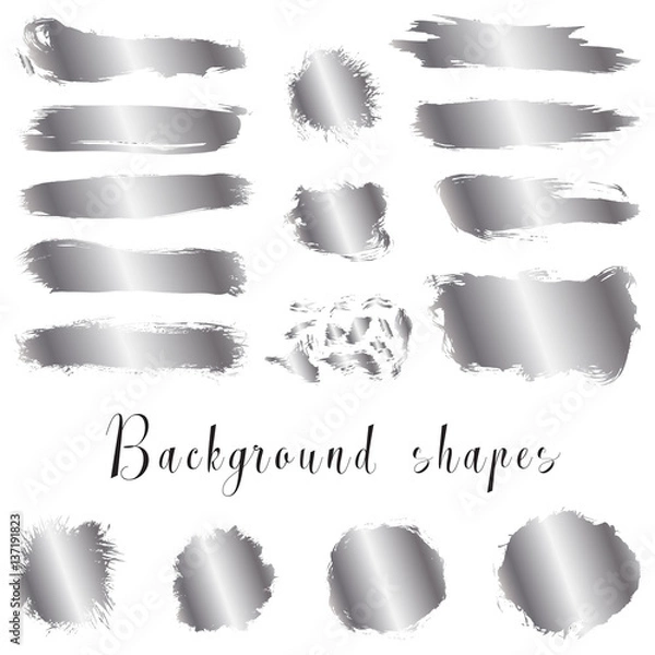 Obraz Silver ink borders, brush strokes, stains, banners, blots, splatters. Vector set of hand drawn grunge elements isolated on white background. 