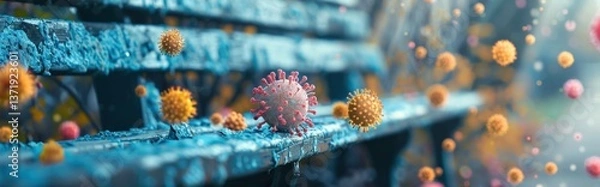 Fototapeta Realistic 3D virus particles float in the air near a weathered bench, representing disease transmission and microbiology concepts.