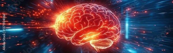 Obraz Futuristic brain made of glowing lines radiates neural energy, representing artificial intelligence, cognition, and brainpower.