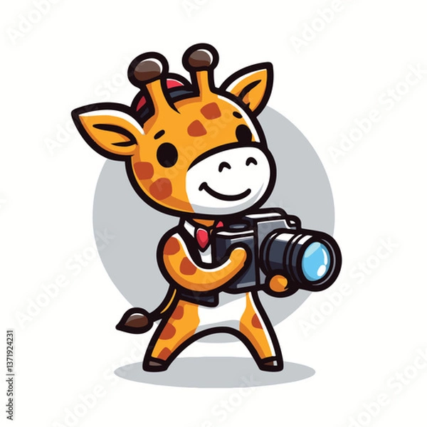 Fototapeta Happy giraffe holding a camera mascot logo vector illustration for photography and travel branding