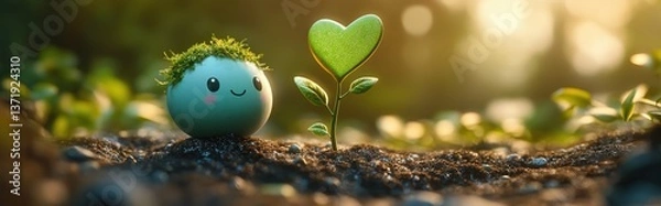 Fototapeta Cute green character with moss hair smiling at a heart-shaped sprout in the soil, symbolizing love for nature and growth.