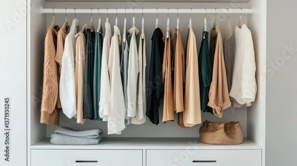 Fototapeta A minimalist wardrobe with a matte white finish and recessed handles.