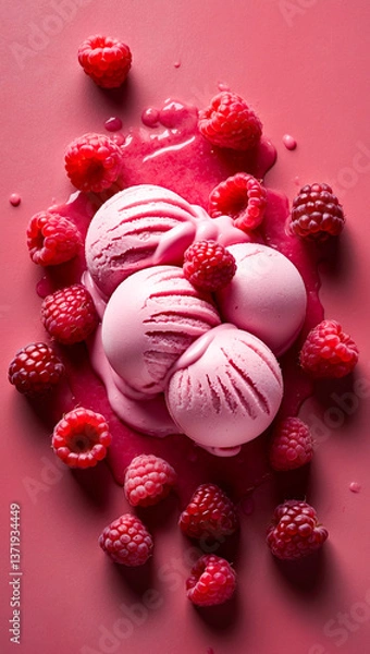 Fototapeta Raspberry and raspberry ice cream scoop on a vibrant red background, Fresh raspberries with a delicious raspberry ice cream scoop against a red backdrop