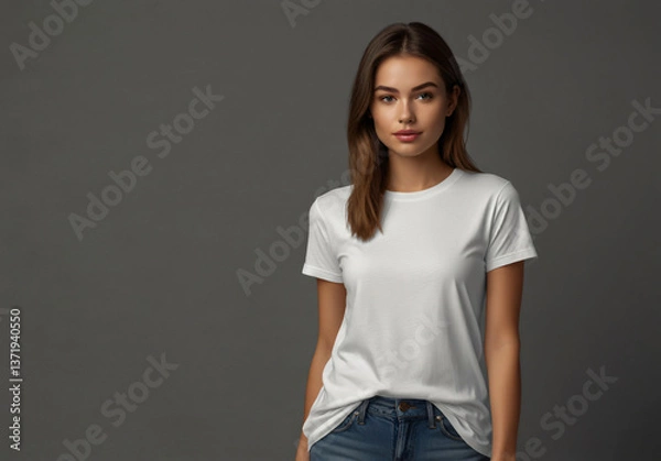 Fototapeta Portrait of Simplicity and Style mock up women's fashion plain white t-shirt