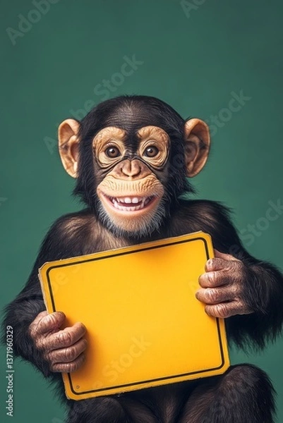 Fototapeta Marketing pet expression. Zoo-style ad shot. Cute baby animal chimpanzee hold in front paws a template - large yellow zoo sign. Isolated baby animal on a solid uniform green background.