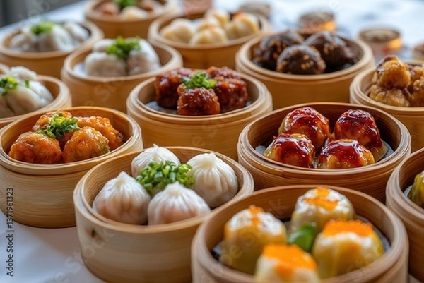 Fototapeta Assortment of colorful, flavorful Asian dim sum in bamboo steamers, showcasing a variety of textures and sauces.