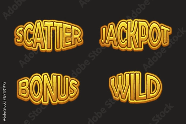 Fototapeta UI symbols set-WILD,Jackpot, Bonus and Scatter for casino or slots games. Golden icons for game asset