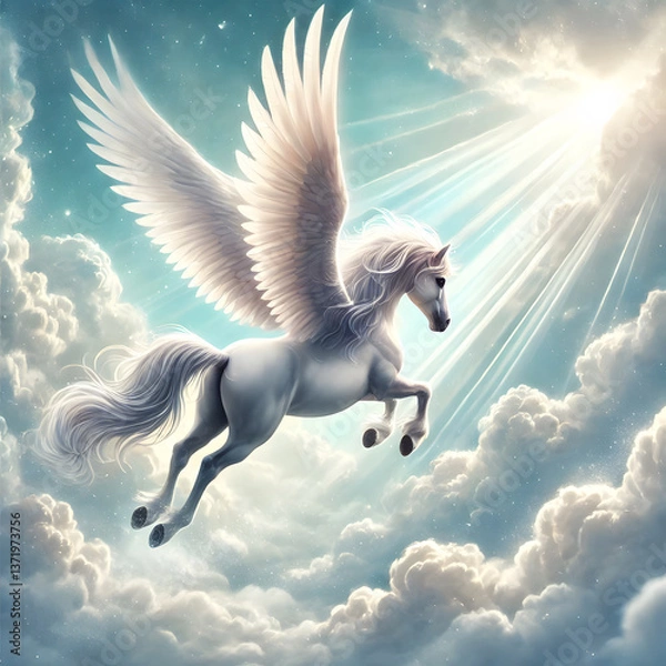 Obraz もこもこした雲の上で薄明光線に向かって飛ぶペガサス