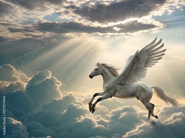 Obraz 雲と雲の空間の薄明光線をバックに飛ぶペガサス
