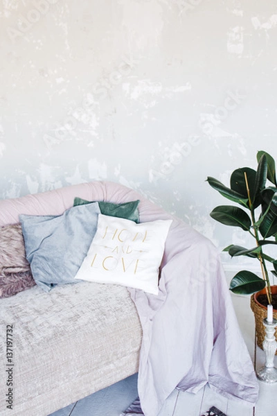 Fototapeta Interior in scandinavian style with pattern carpet