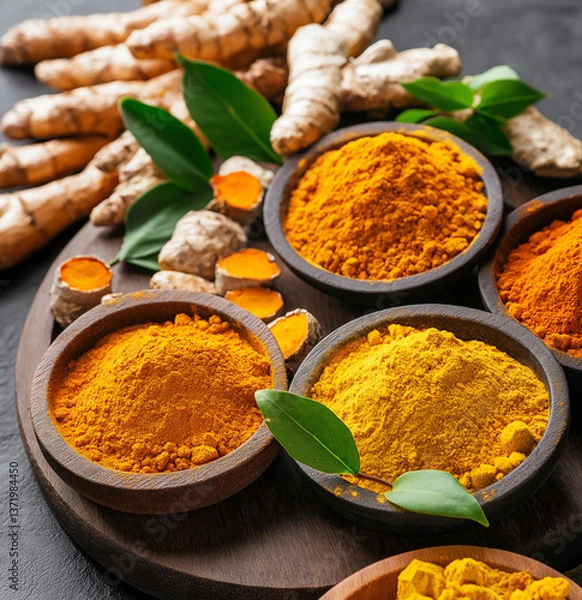 Fototapeta Turmeric and Ginger Powder with Colorful Spices  High-Resolution Stock Image Featuring Wooden Bowls, Fresh Green Leaves, and Seasonings for Culinary and Herbal Design Concepts