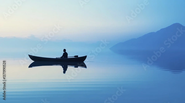 Fototapeta serene silhouette of person in kayak on calm water, surrounded by misty mountains