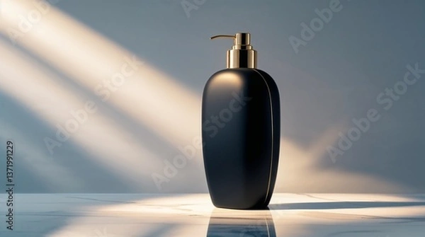 Fototapeta Empty mockup of luxury cream, soap or shampoo dispenser container with black body and gold accents on marble background.