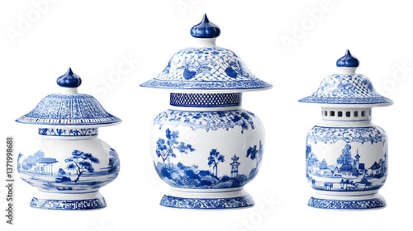 Obraz A set of three Japanese ceramic garden lanterns in graduated sizes, featuring classic blue and white patterns, isolated on white, high-quality PNG format
