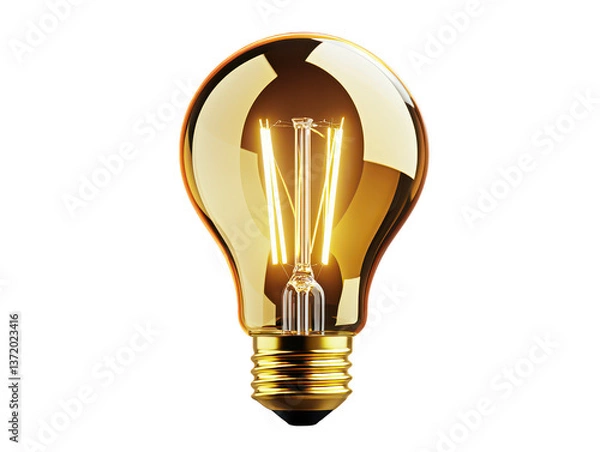 Fototapeta A vintage light bulb with golden finish, showcasing its intricate filament design. warm glow emanating from bulb creates cozy and inviting atmosphere, perfect for home decor