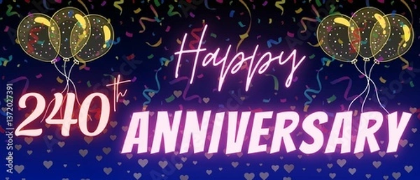 Fototapeta 240th anniversary neon calligraphy text and number. Confetti and balloon isolated on elegant blue gradient background, sparkle, design for greeting card, print. Two hundred forty anniversary
